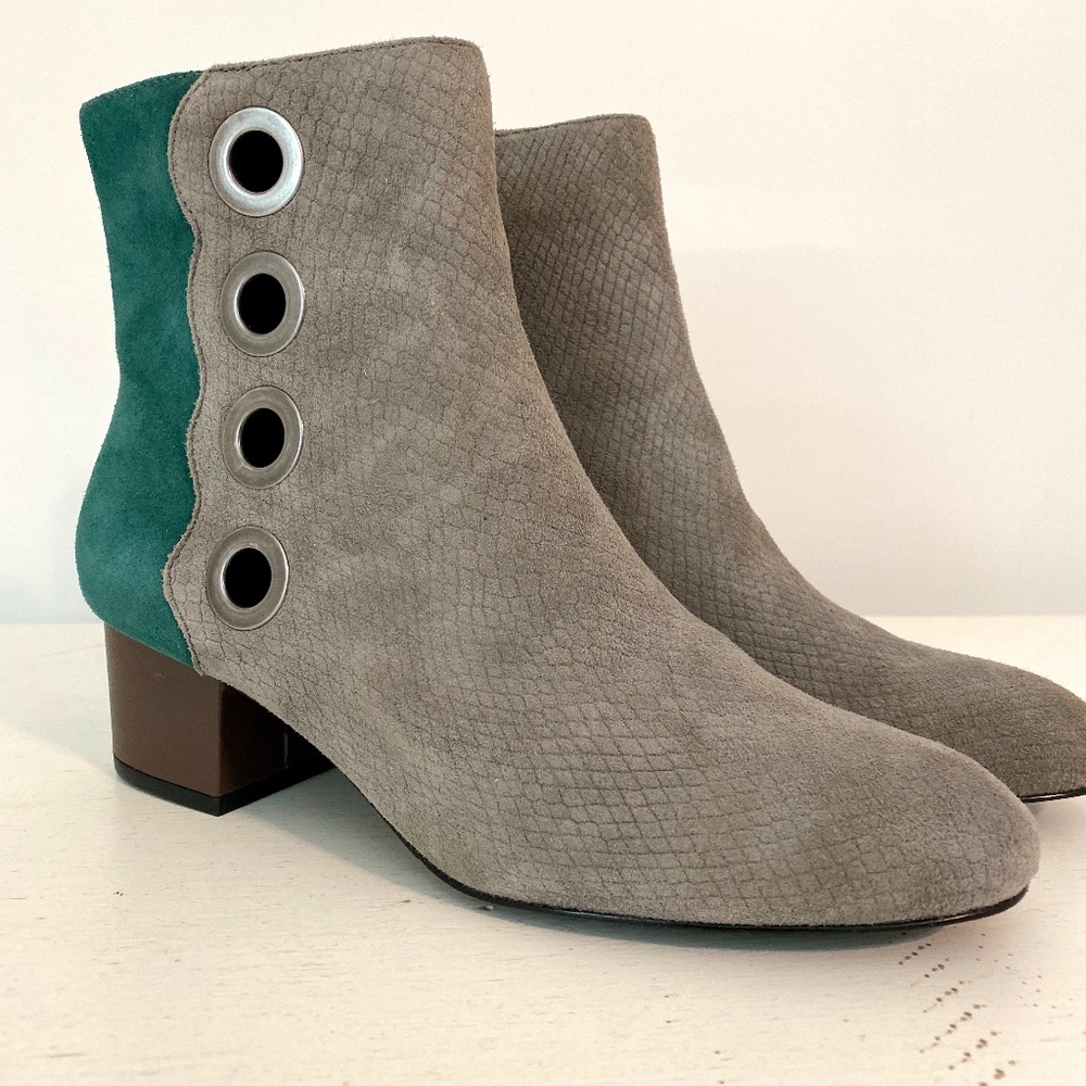 LOGO by Lori Goldstein Taupe Suede Ankle Boots with Teal Back